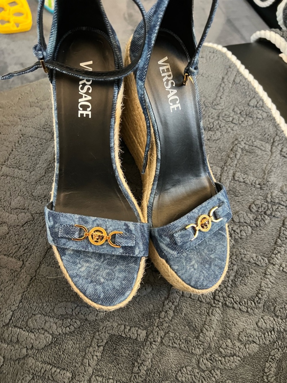Versace Denim Blue Espadrille Wedge Sandals with Ankle Strap - Picture 3 of 8